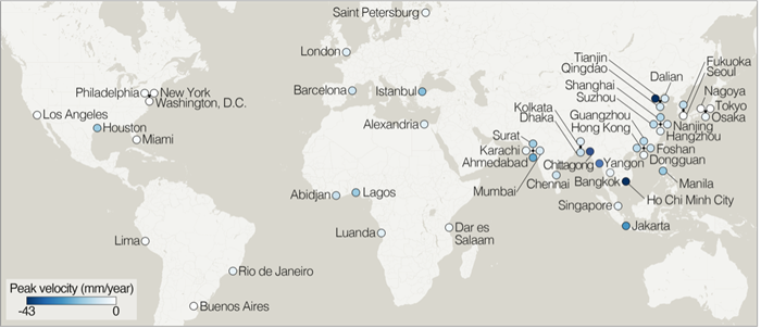 Figure 1: Populous cities experiencing the highest rates of local land subsidence are concentrated in Asia. Figure 1: Populous cities experiencing the highest rates of local land subsidence are concentrated in Asia.