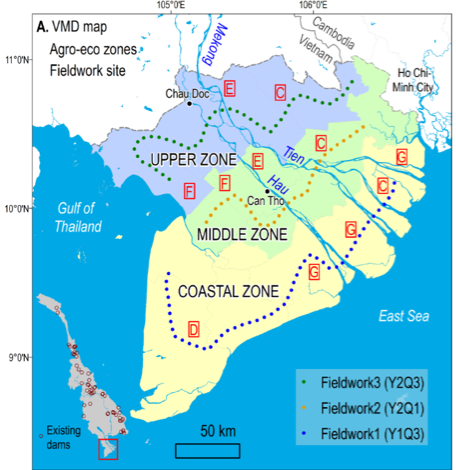 Map of the Vietnam Mekong Delta showing the project's fieldwork sites (Source: Edward Park/Earth Observatory of Singapore)